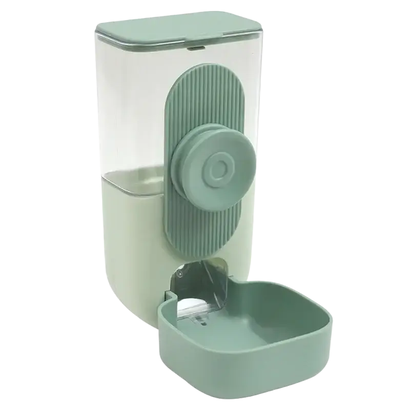 A sleek modern automatic pet feeder with transparent top and sage green high-quality plastic food storage body