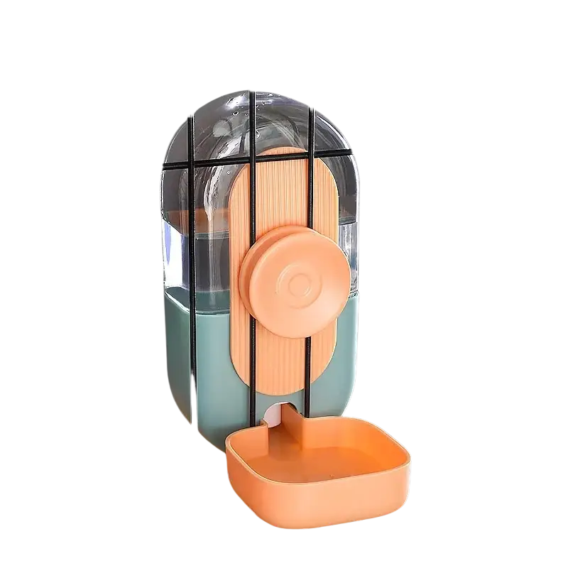 A sleek two-toned automatic pet feeder with transparent top, teal body, and orange bamboo handle made of high-quality plastic for food storage