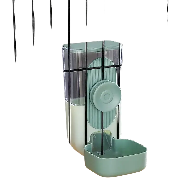 A sleek two-toned automatic pet feeder with translucent top and matte mint-green base made of high-quality plastic for food storage