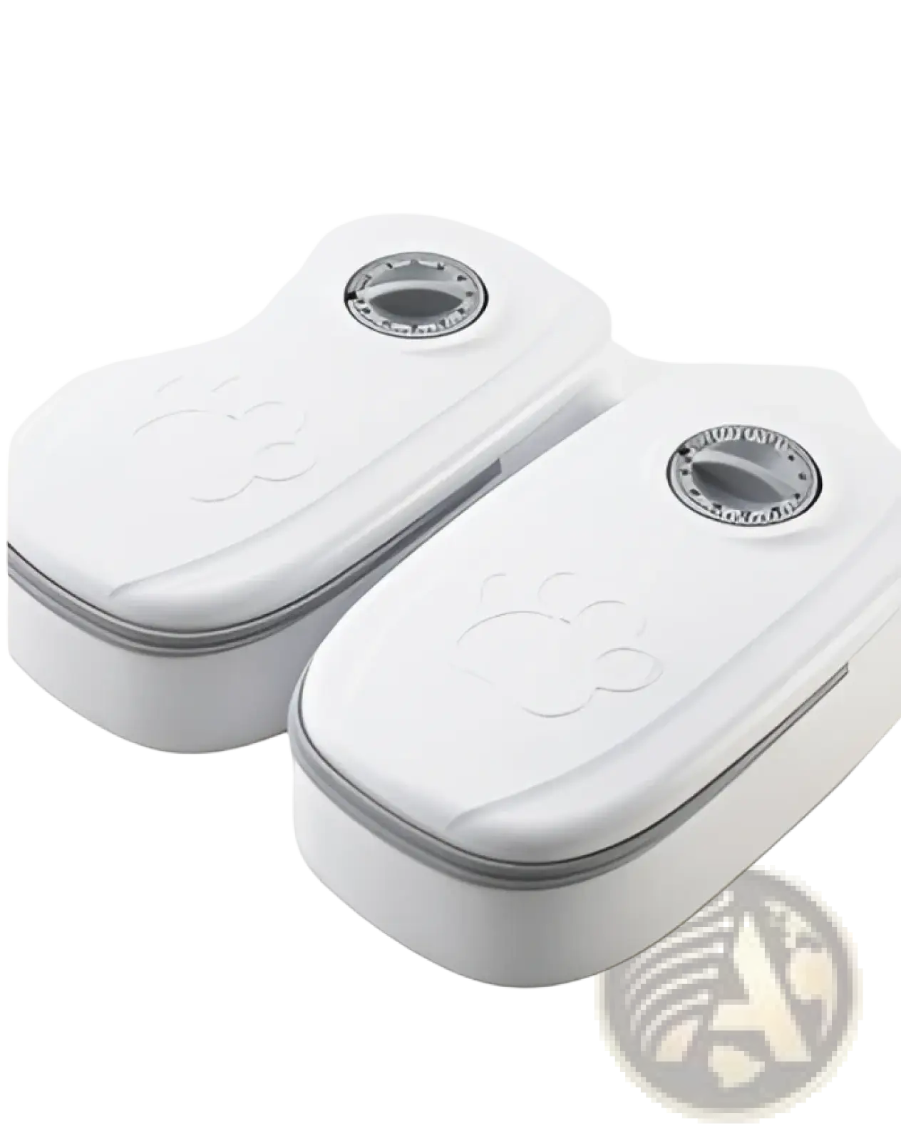White plastic automatic pet feeder gravity food dispenser containers with gray trim and circular lids