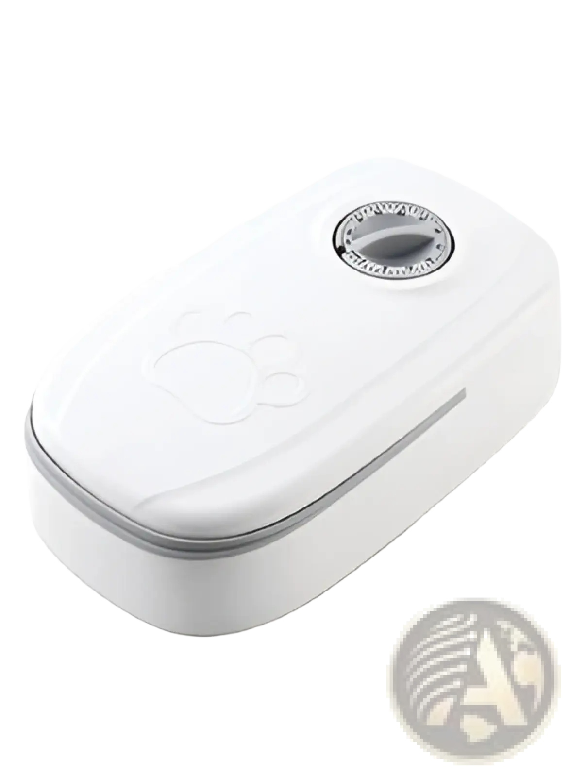 White rectangular automatic pet feeder gravity waterer and food dispenser with silver dial and embossed paw print design