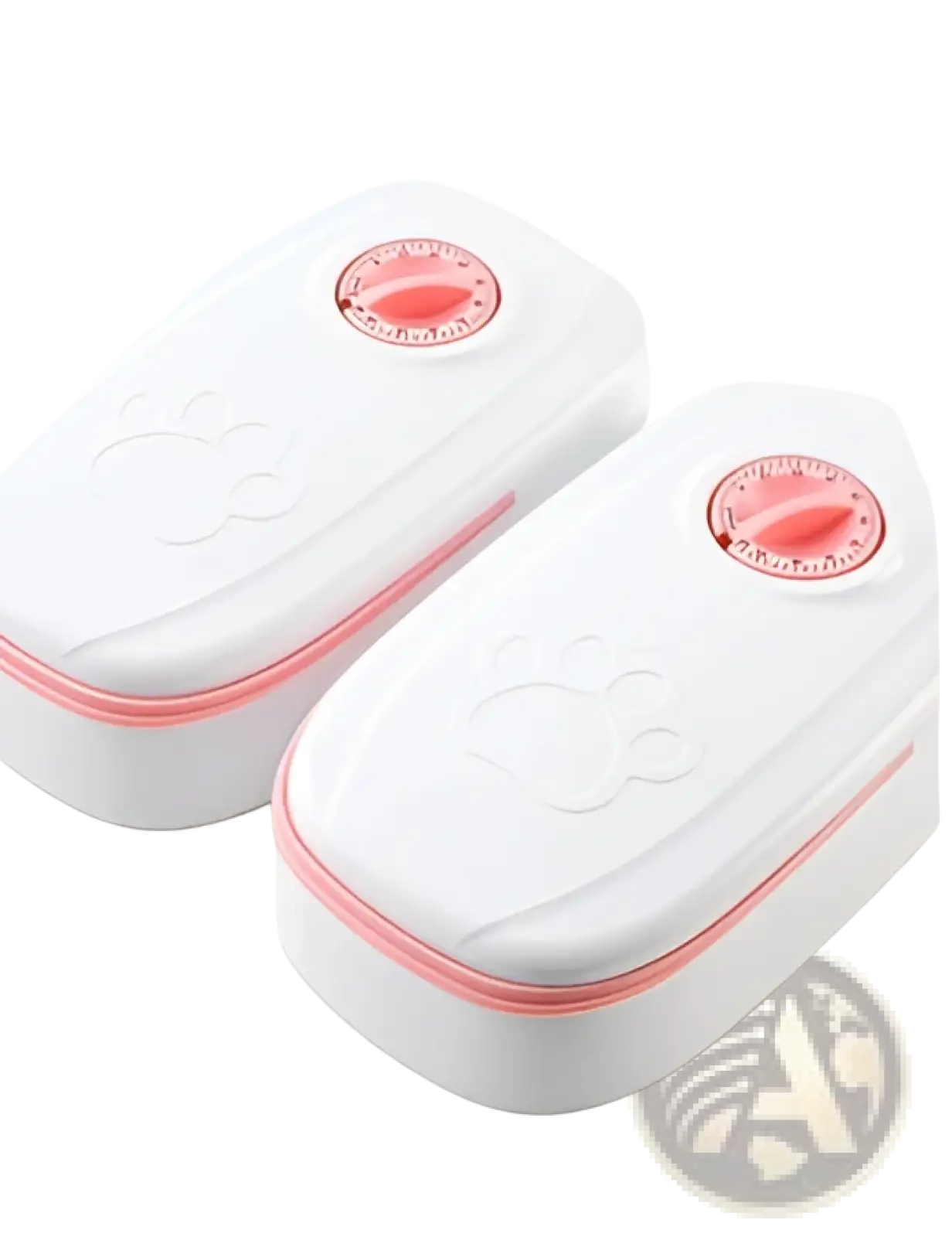 White plastic automatic pet feeder gravity waterer with pink trim and red circular dials for food storage