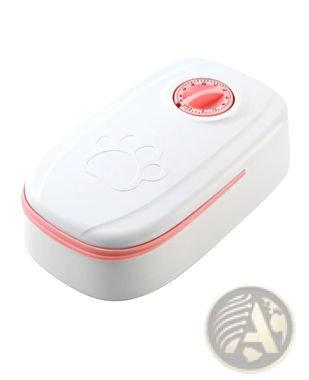 White rectangular automatic pet feeder with pink trim, red timer, and embossed paw print design on the lid