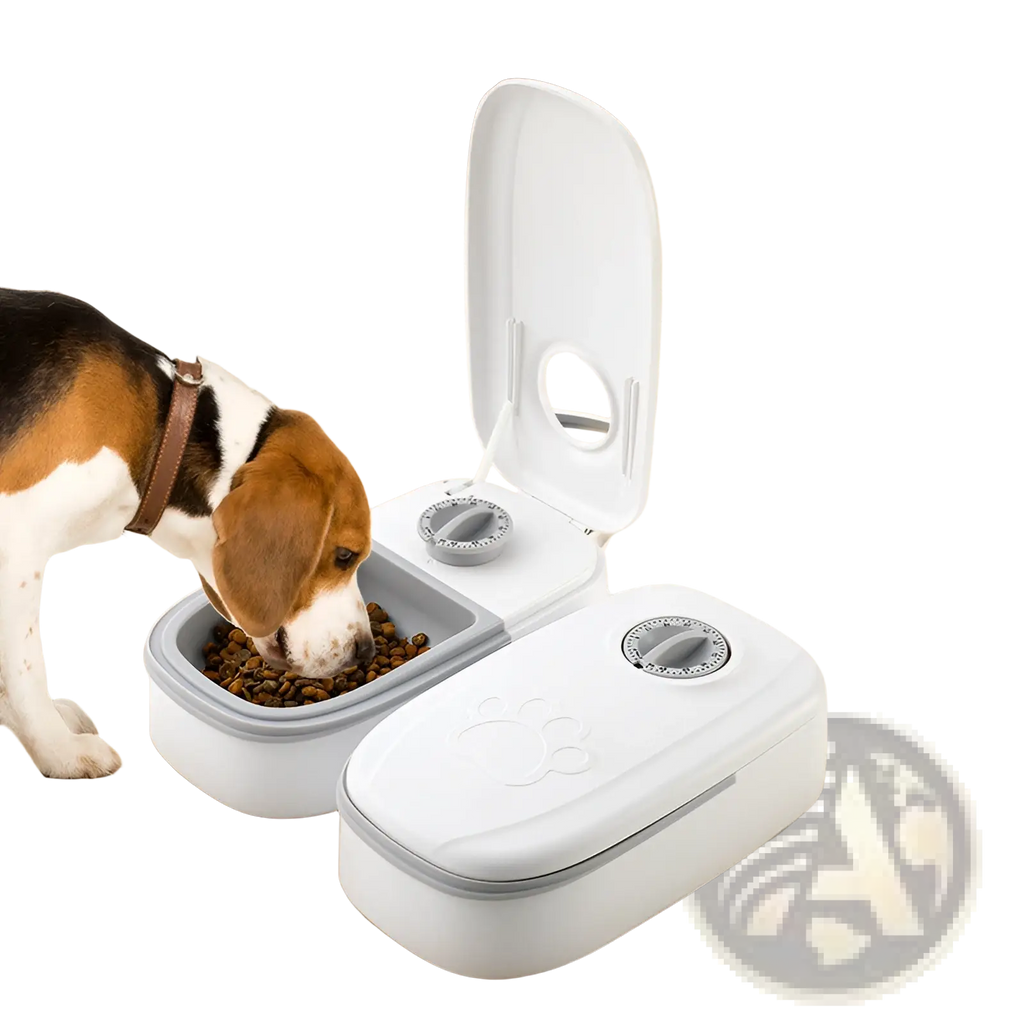 White and gray dual-compartment automatic pet feeder with paw print lid for gravity water and food dispensing