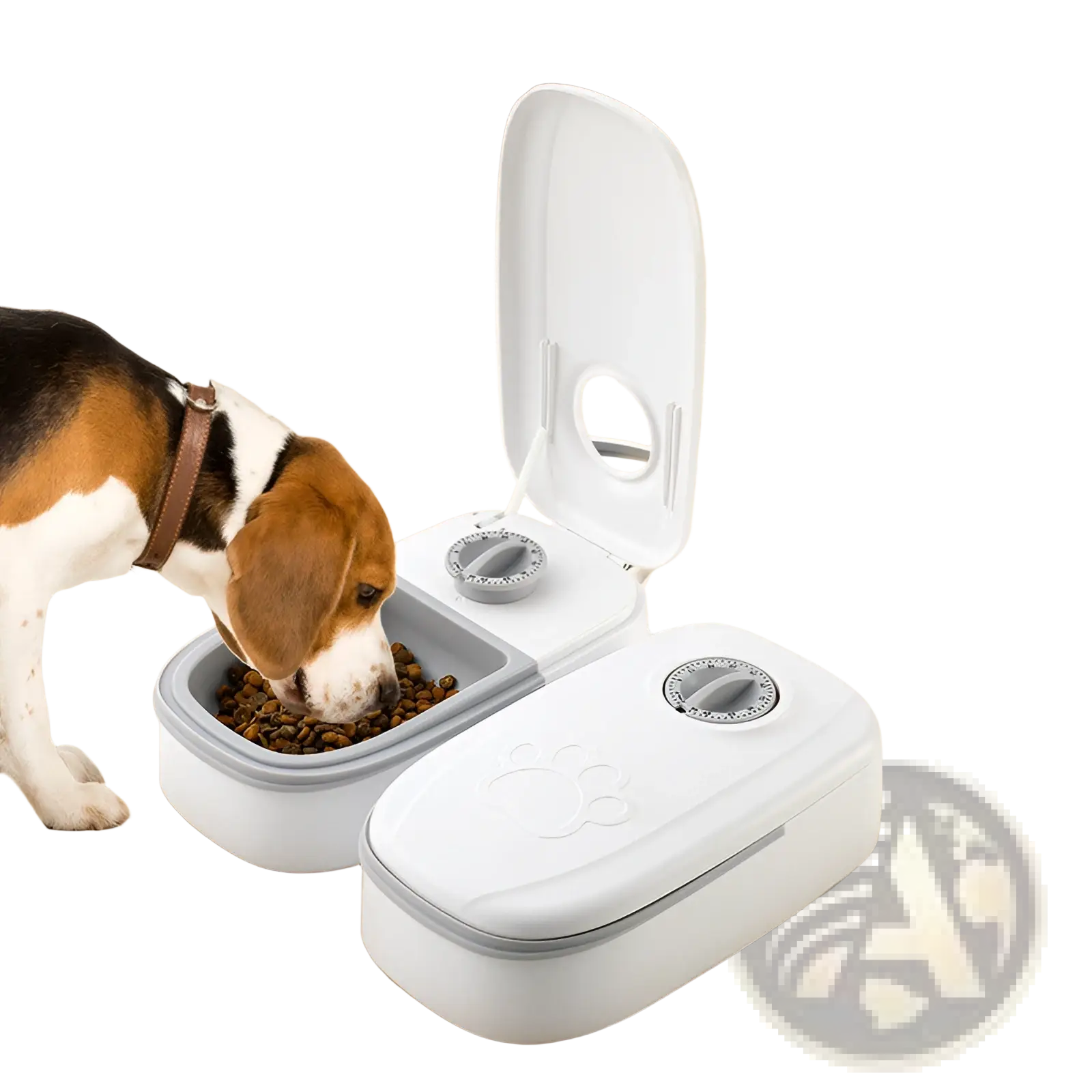 White and gray dual-compartment automatic pet feeder with paw print lid for gravity water and food dispensing