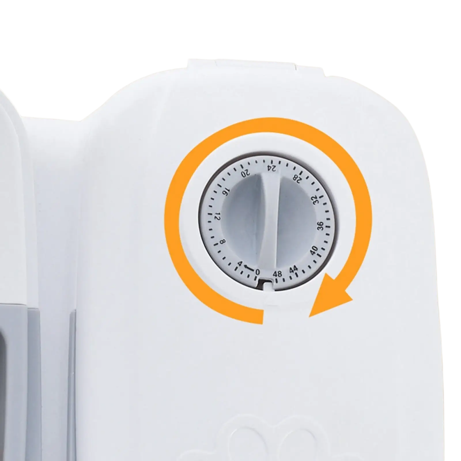 White plastic buckle cover with 24-hour dial and orange rotation arrow on automatic pet feeder gravity waterer