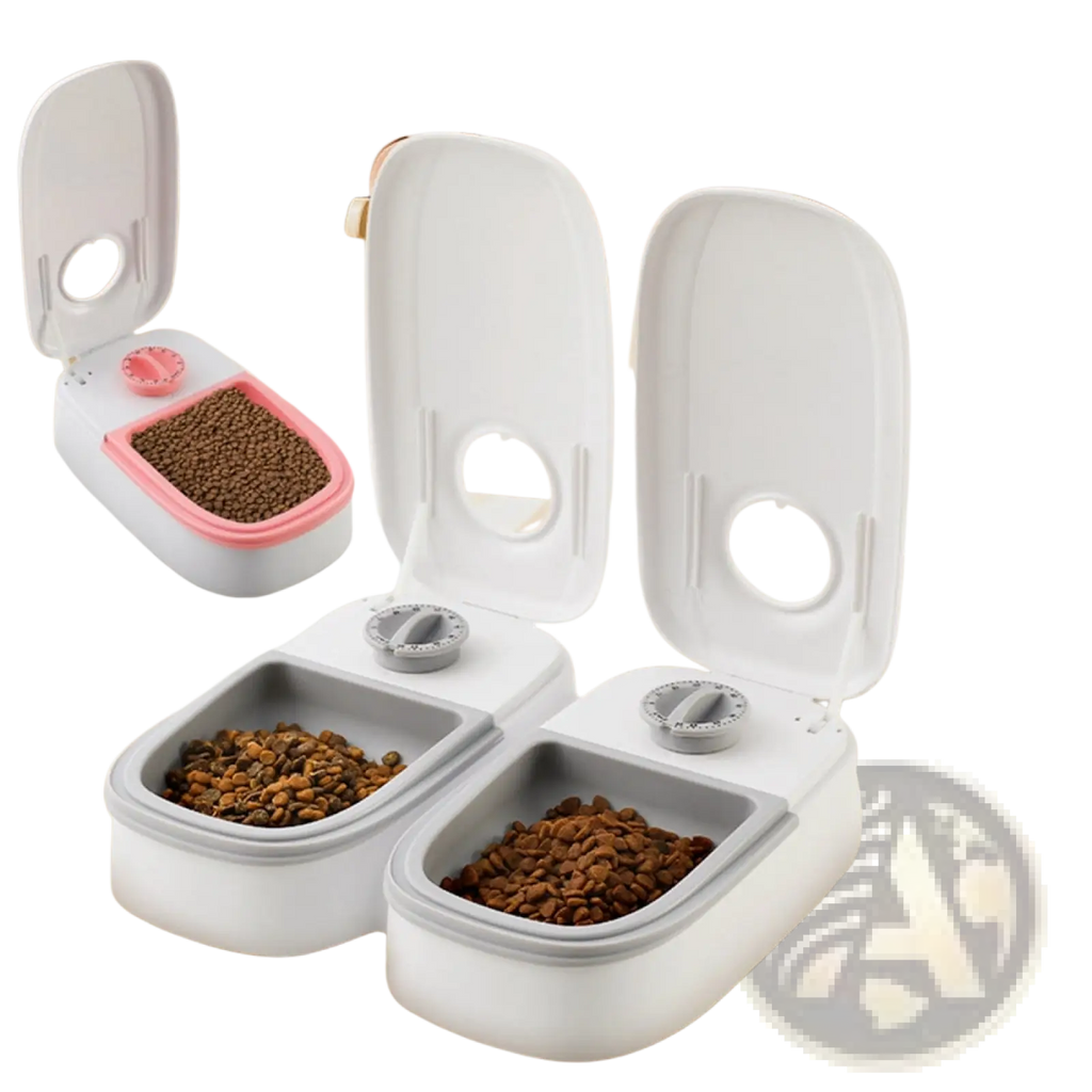 Automatic pet feeder gravity waterer and food dispenser in white and gray with pink accent featuring hinged lid and adjustable controls