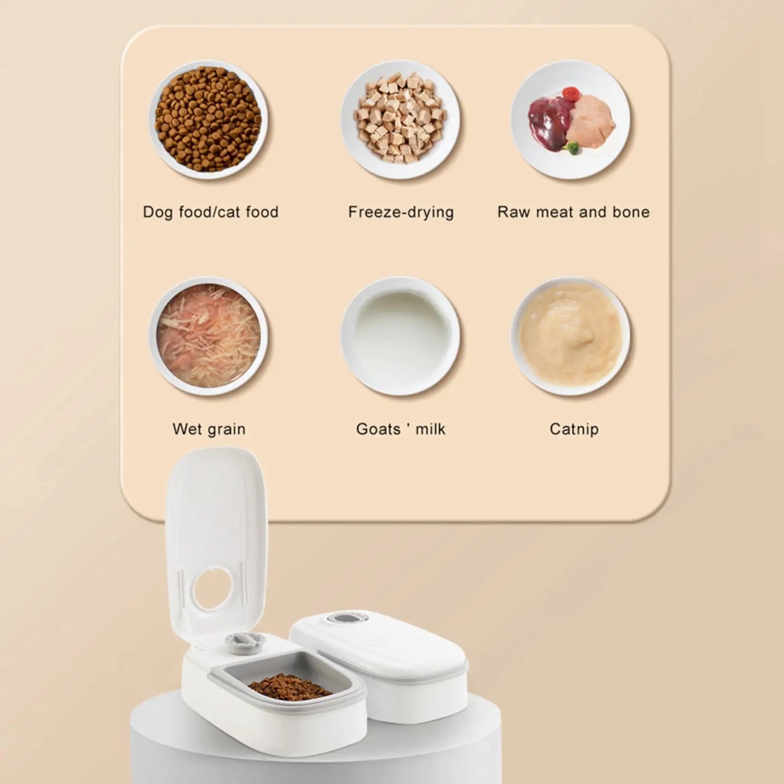 White automatic pet feeder with dual dry food compartments and hinged lid for convenient feeding and dispensing