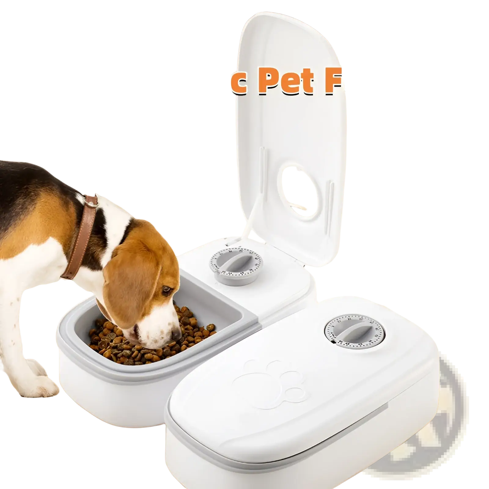 White and gray automatic pet feeder with hinged lid and two compartments for separate feeding schedules and gravity water dispensing