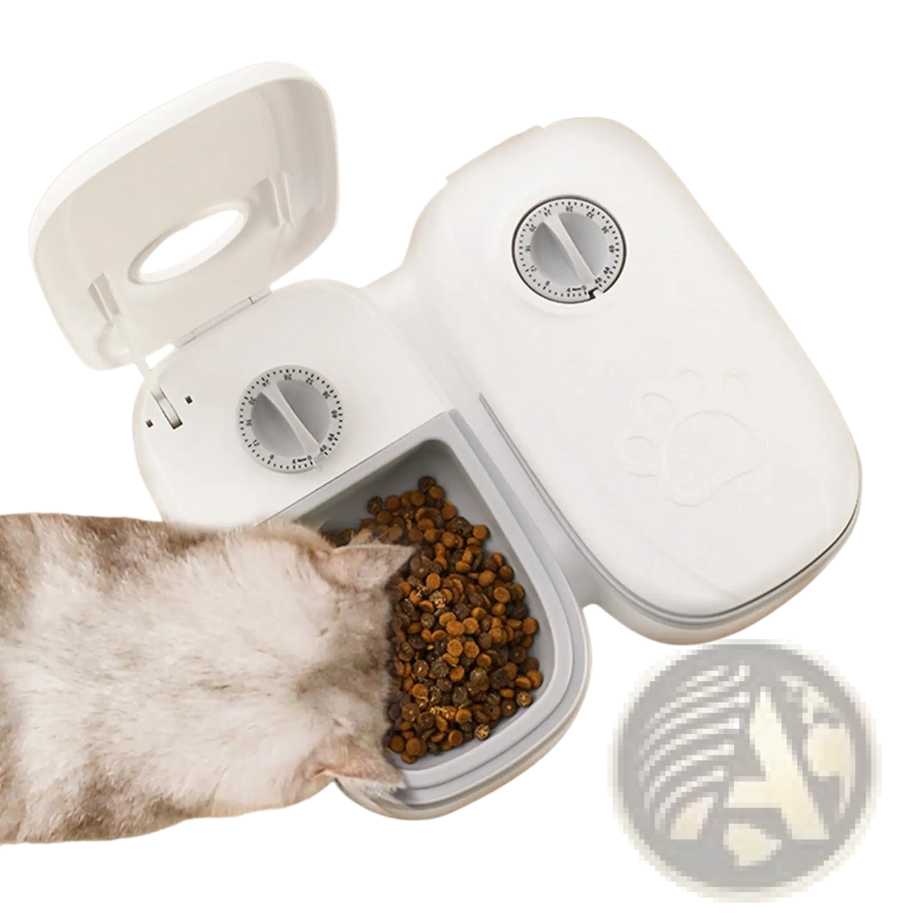 White plastic automatic pet feeder gravity waterer and food dispenser with two dial controls and paw print design filled with kibble