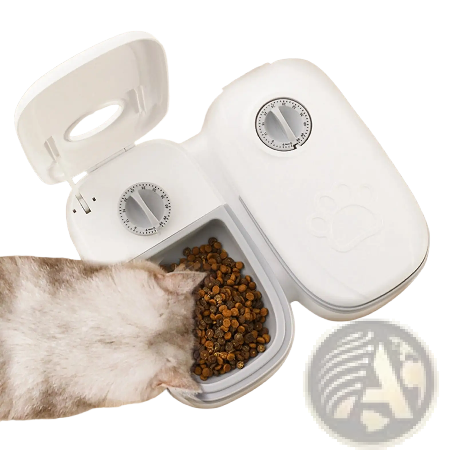 White plastic automatic pet feeder gravity waterer and food dispenser with two dial controls and paw print design filled with kibble