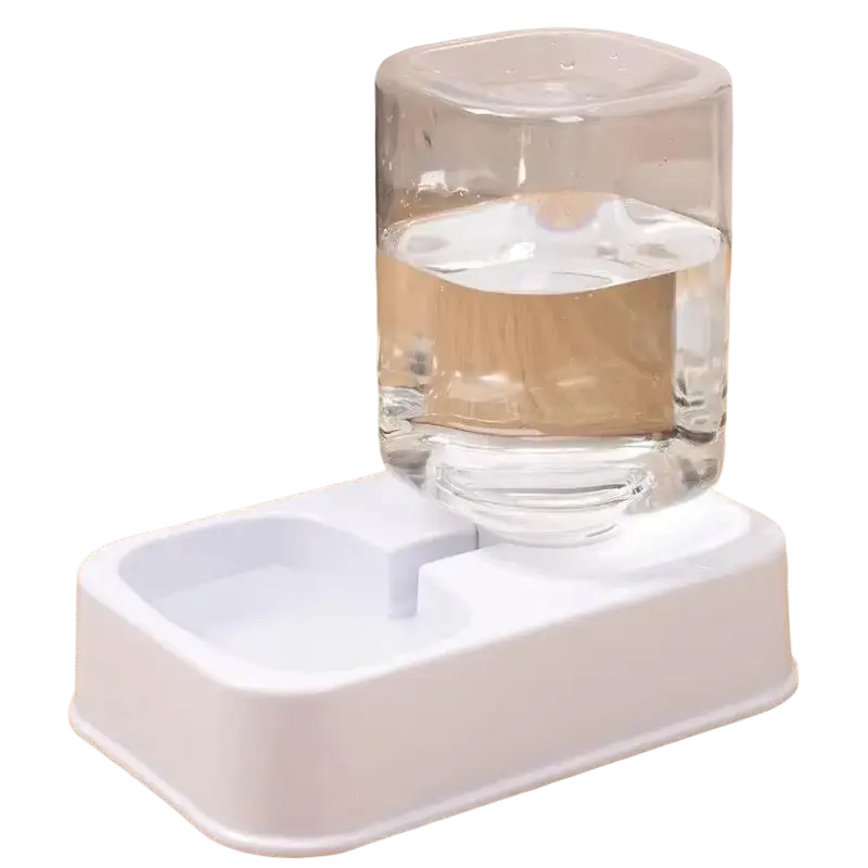 White plastic automatic pet feeder with a clear glass 1.2l water dispenser for easy cleaning and refilling