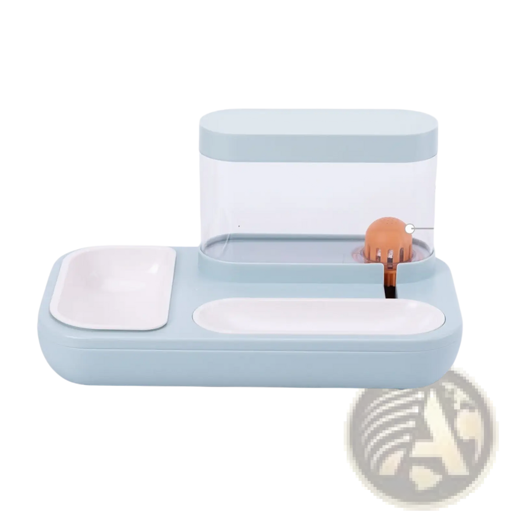 Light blue plastic automatic pet feeder with transparent 1.5l food container and two white ceramic bowls square and oval