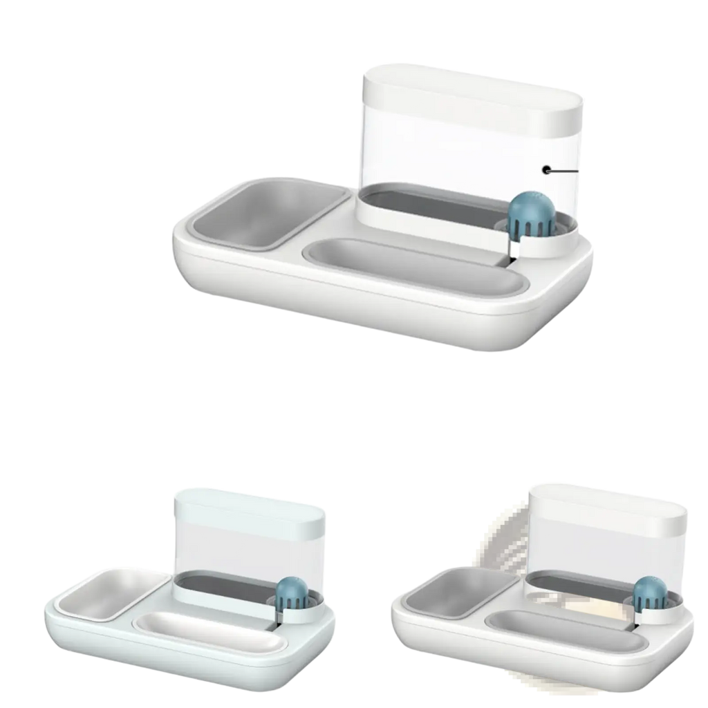 White plastic automatic pet feeder and water dispenser with 1.5l capacity and transparent lid double bowl design
