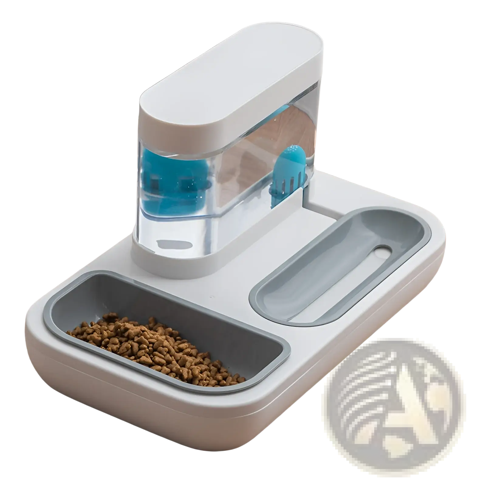 Automatic pet feeder and water dispenser double bowl in white and gray with clear water reservoir and blue internal components