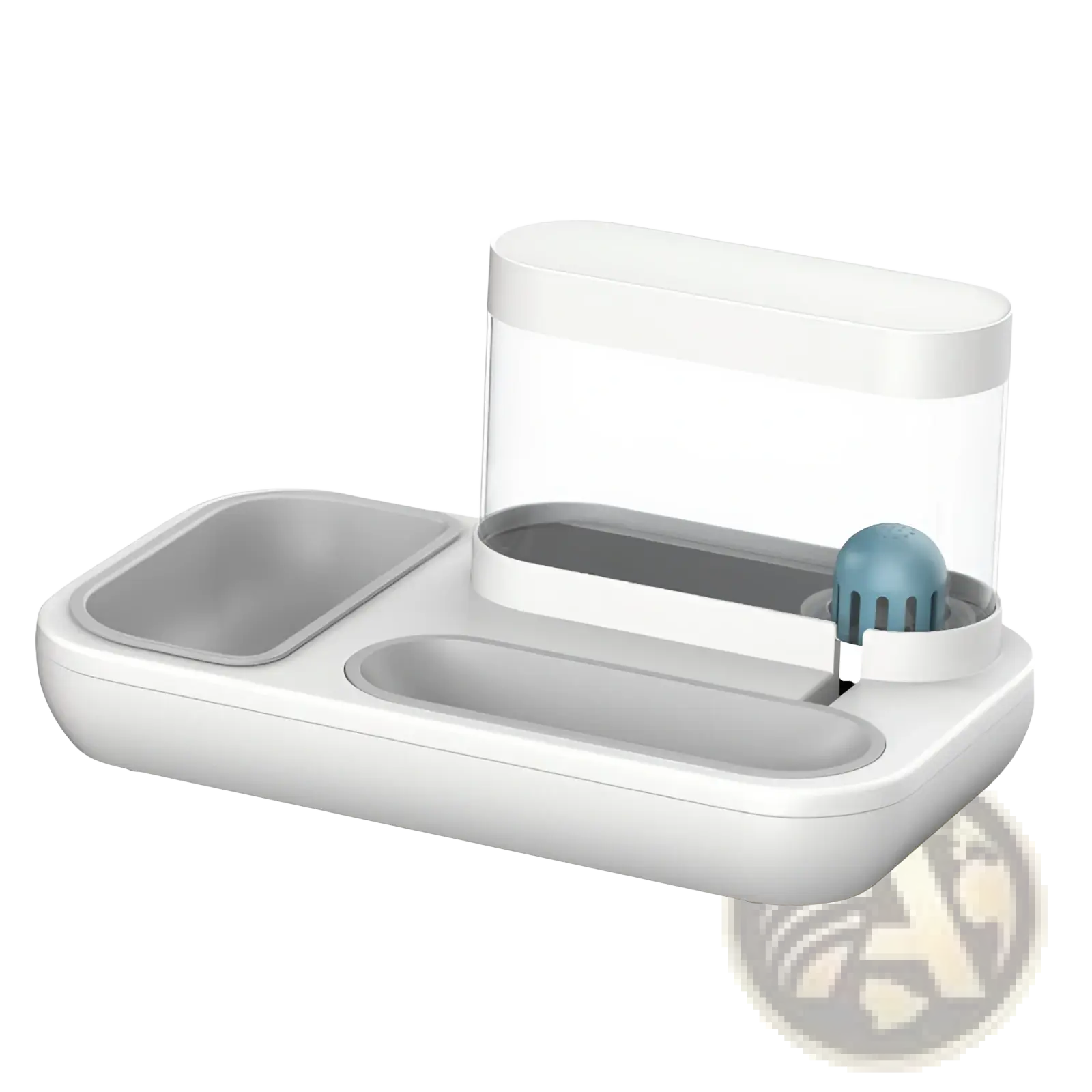 Automatic pet feeder and water dispenser double bowl in white plastic with clear water reservoir and gray food tray