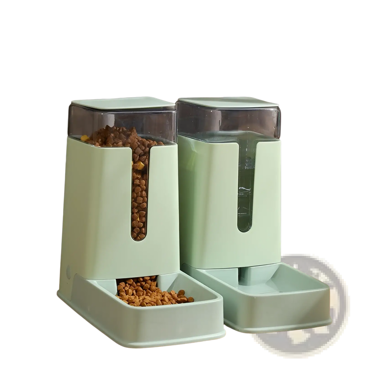 Mint green automatic pet feeder and water dispenser set with transparent compartments for easy food and water access