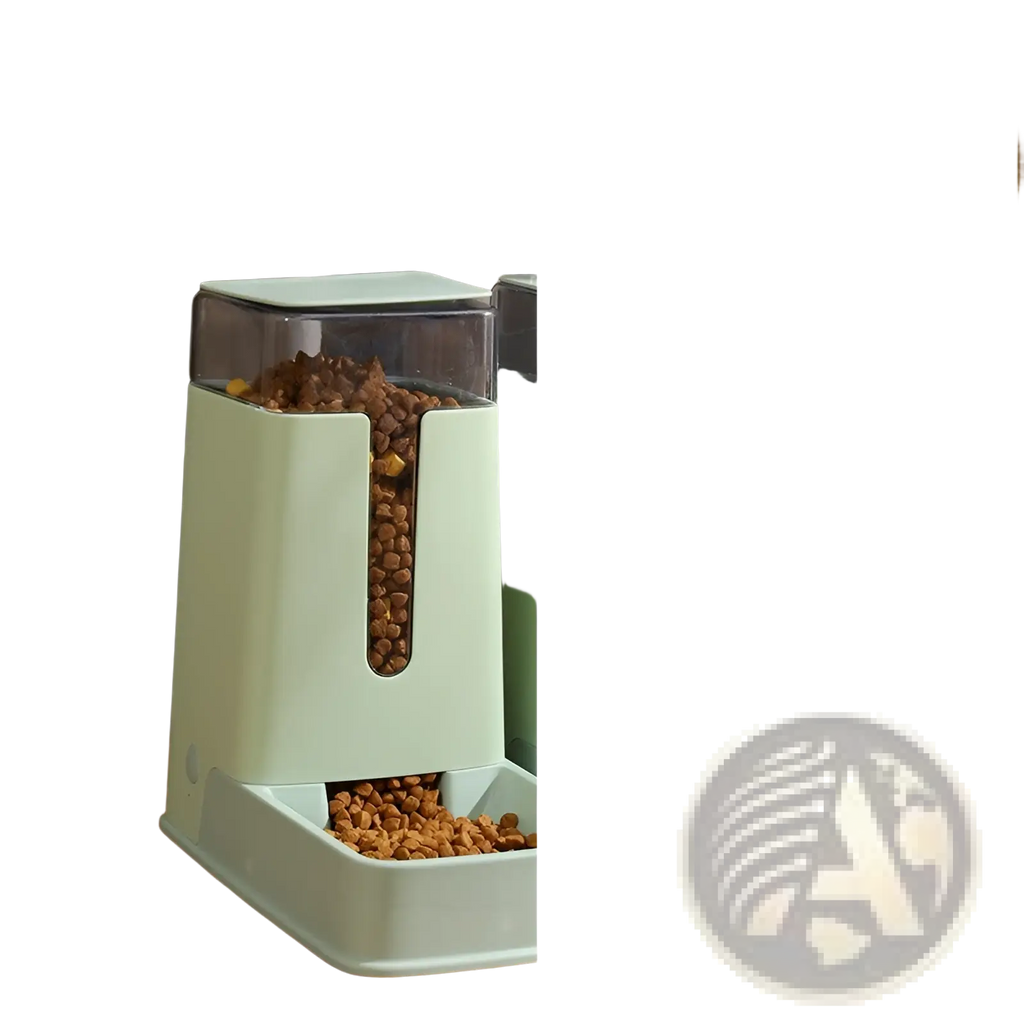 Mint green automatic pet feeder with transparent compartment containing brown kibble for feeding pets