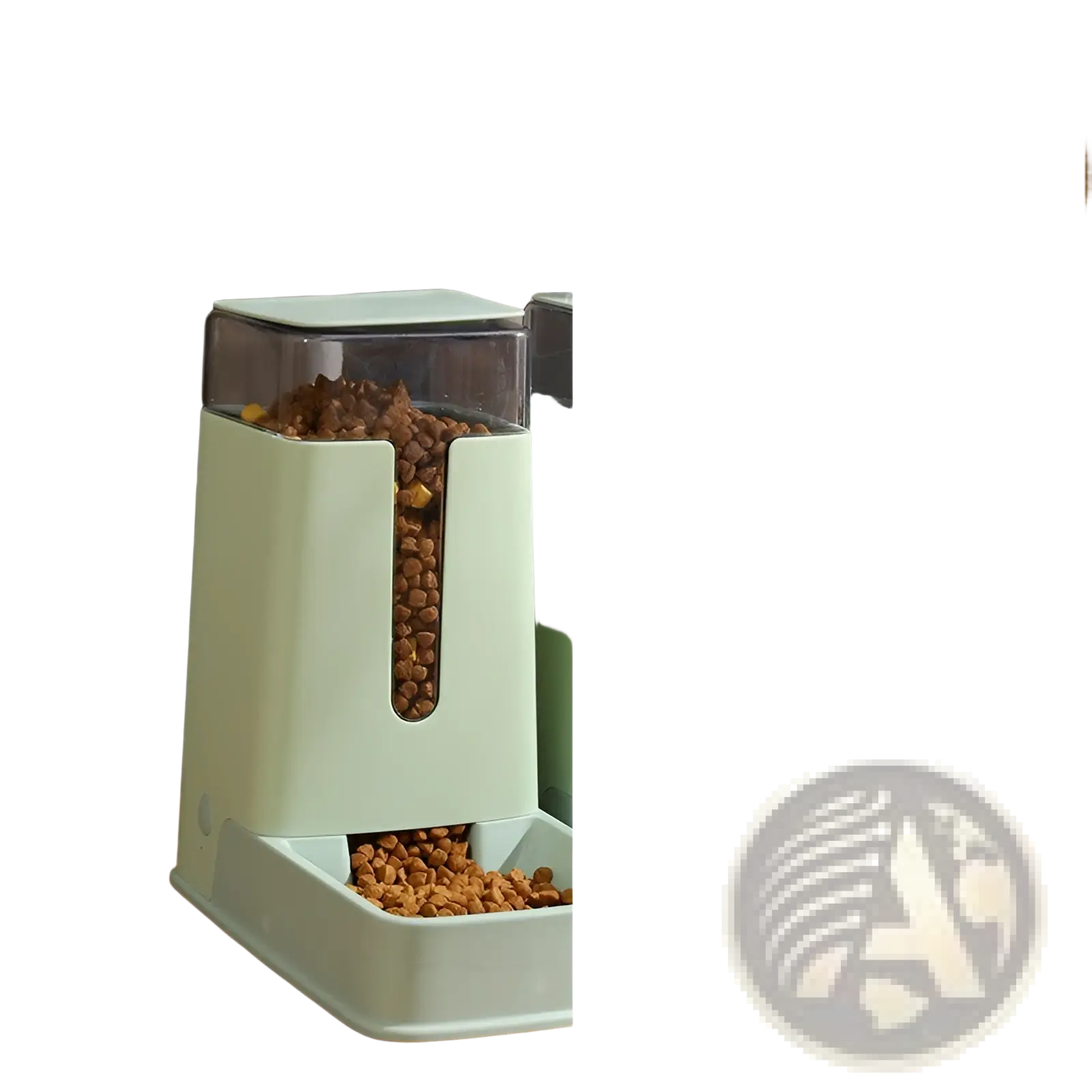 Mint green automatic pet feeder with transparent compartment containing brown kibble for feeding pets