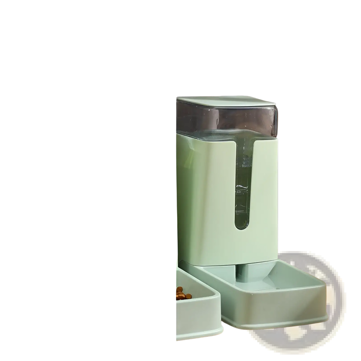 Mint green automatic pet feeder with transparent water reservoir and matching food dish for convenient feeding