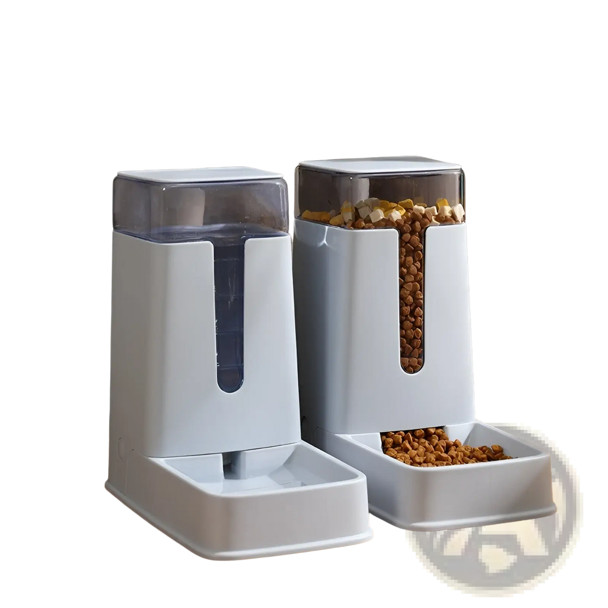 White plastic automatic pet feeder with transparent top and side window filled with dry kibble for pet feeding
