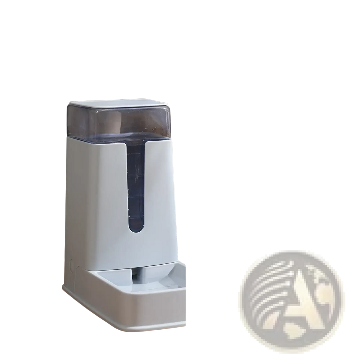 White plastic automatic pet feeder and water dispenser with a transparent top reservoir and sleek modern design