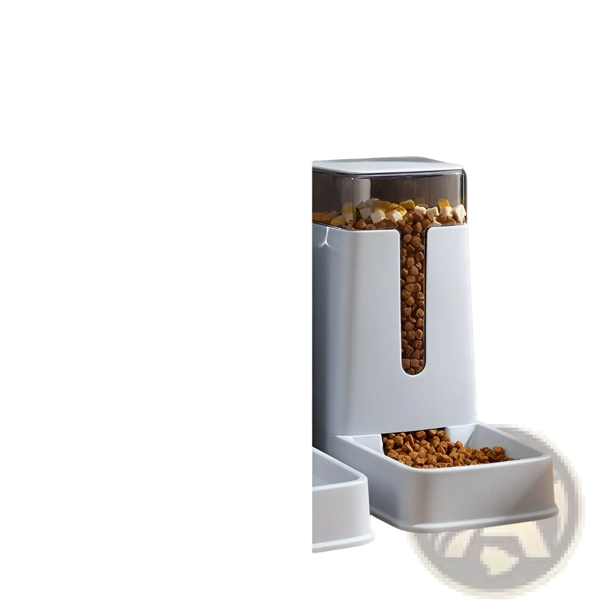 White plastic automatic pet feeder with transparent reservoir filled with brown kibble for feeding pets