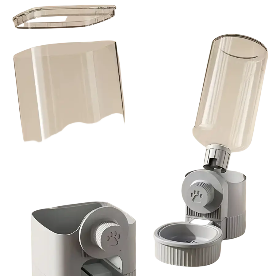 Gray automatic pet feeder with transparent removable washable container for convenient feeding and water dispensing