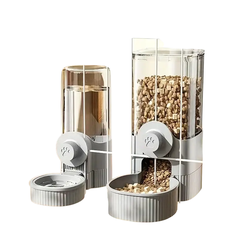 Gray automatic pet feeder and water dispenser set with transparent food reservoirs and paw-print knobs