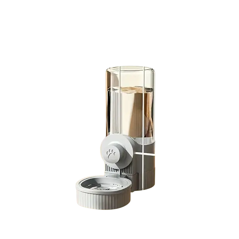 Gray automatic pet water dispenser with clear cylindrical reservoir and ribbed base for automatic pet hydration