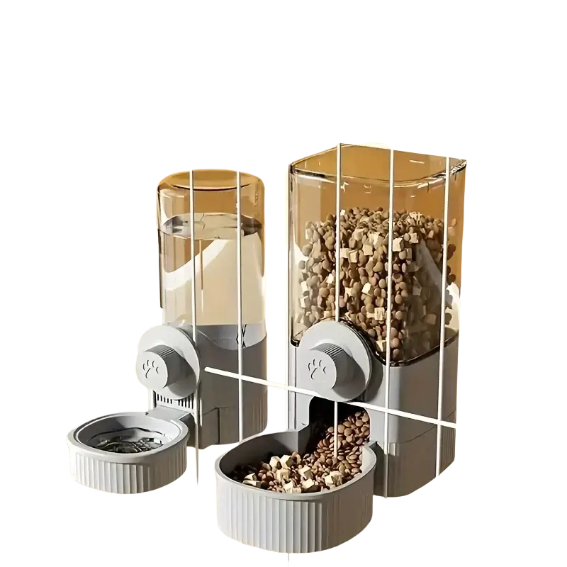 Gray and transparent automatic pet feeder with paw print design on wall-mounted dispensing mechanism