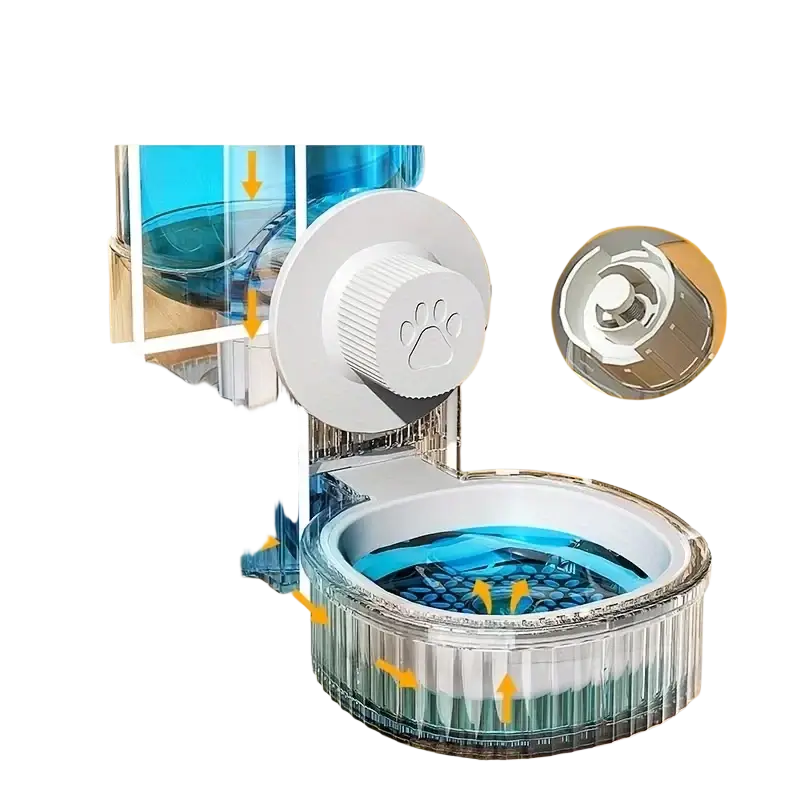 Transparent blue automatic pet feeder and water dispenser set with white paw-print knob for convenient feeding