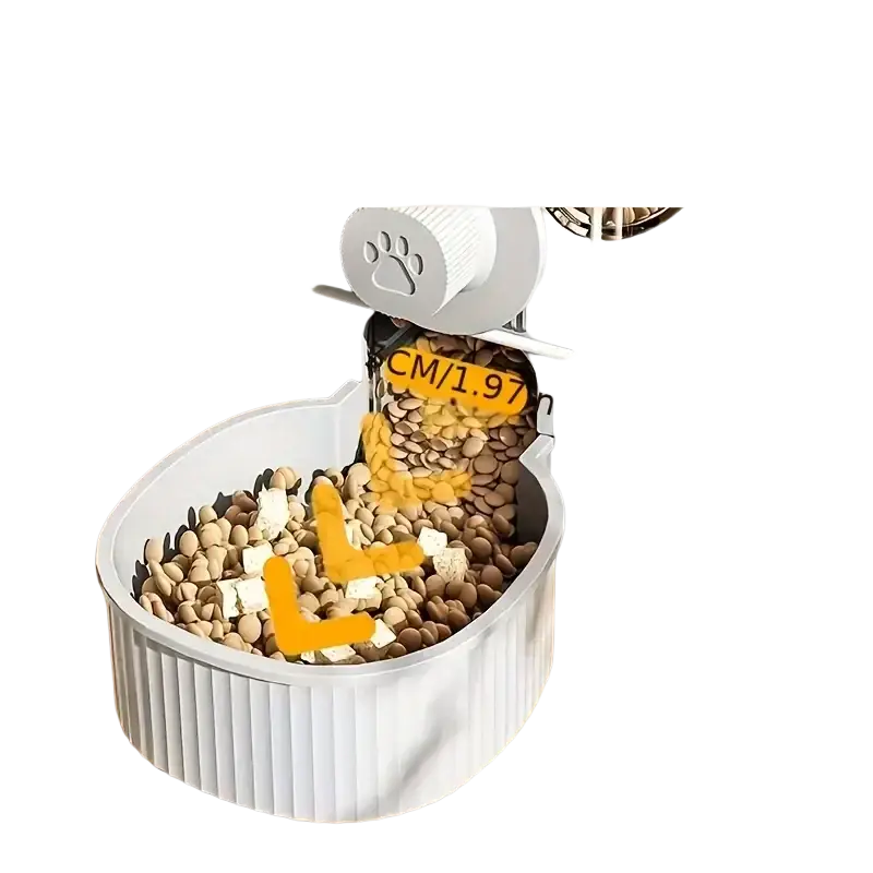 White ribbed automatic pet feeder with 75-degree inclined ramp and widened bowl opening for easy feeding