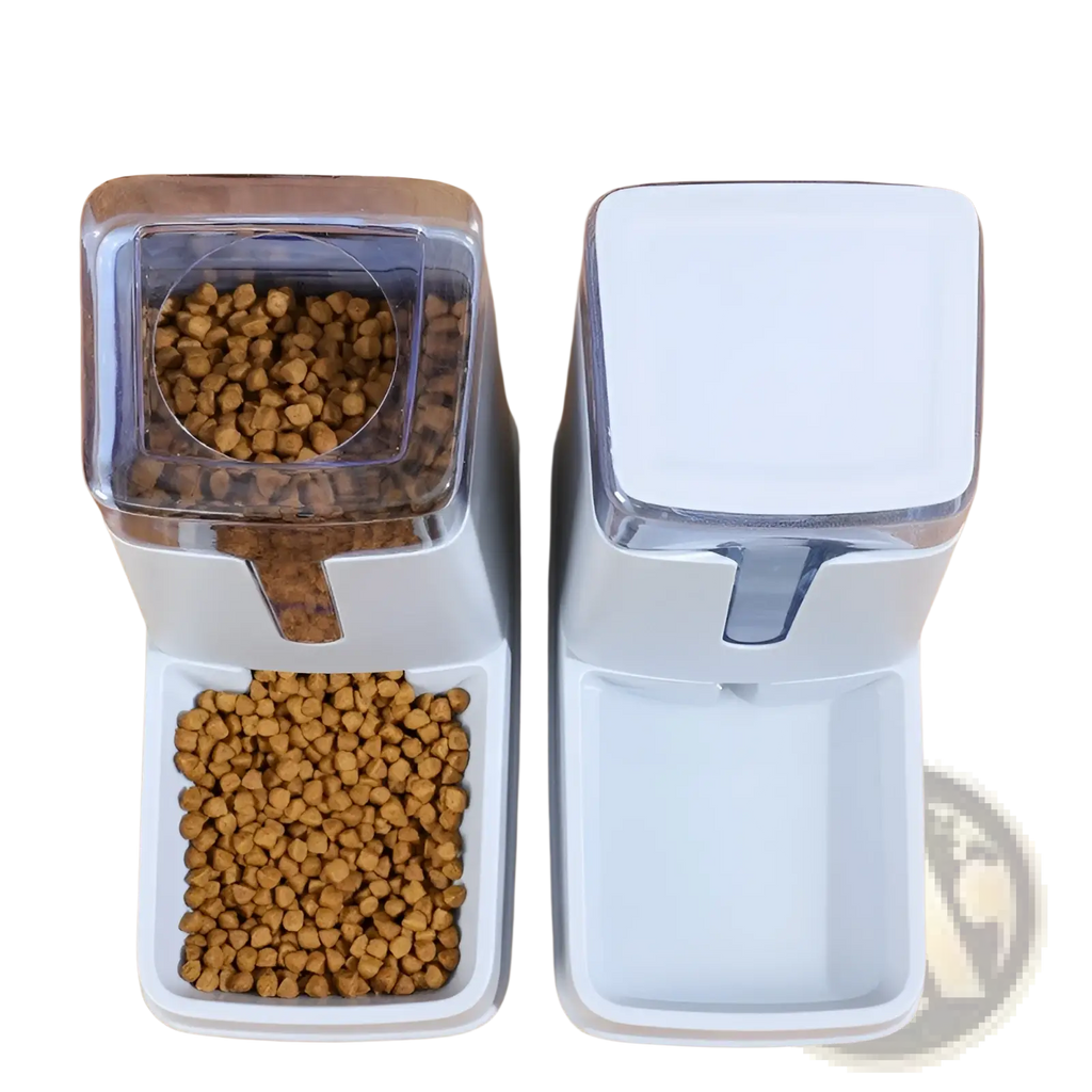 Automatic pet feeder and water dispenser with white plastic body transparent top compartment filled with brown kibble and white tray below