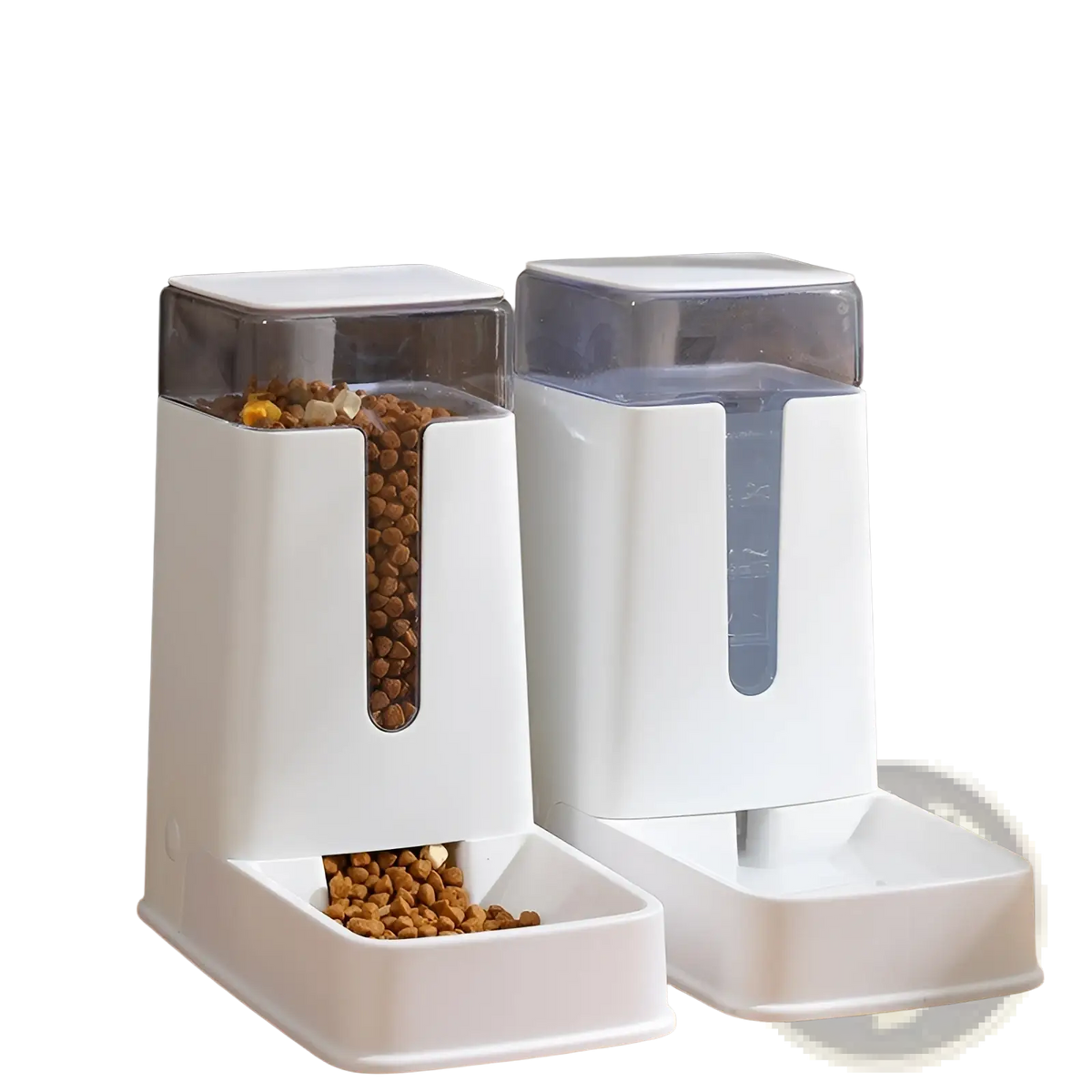 Automatic pet feeder and water dispenser in white plastic with transparent side panel and food dispensing tray