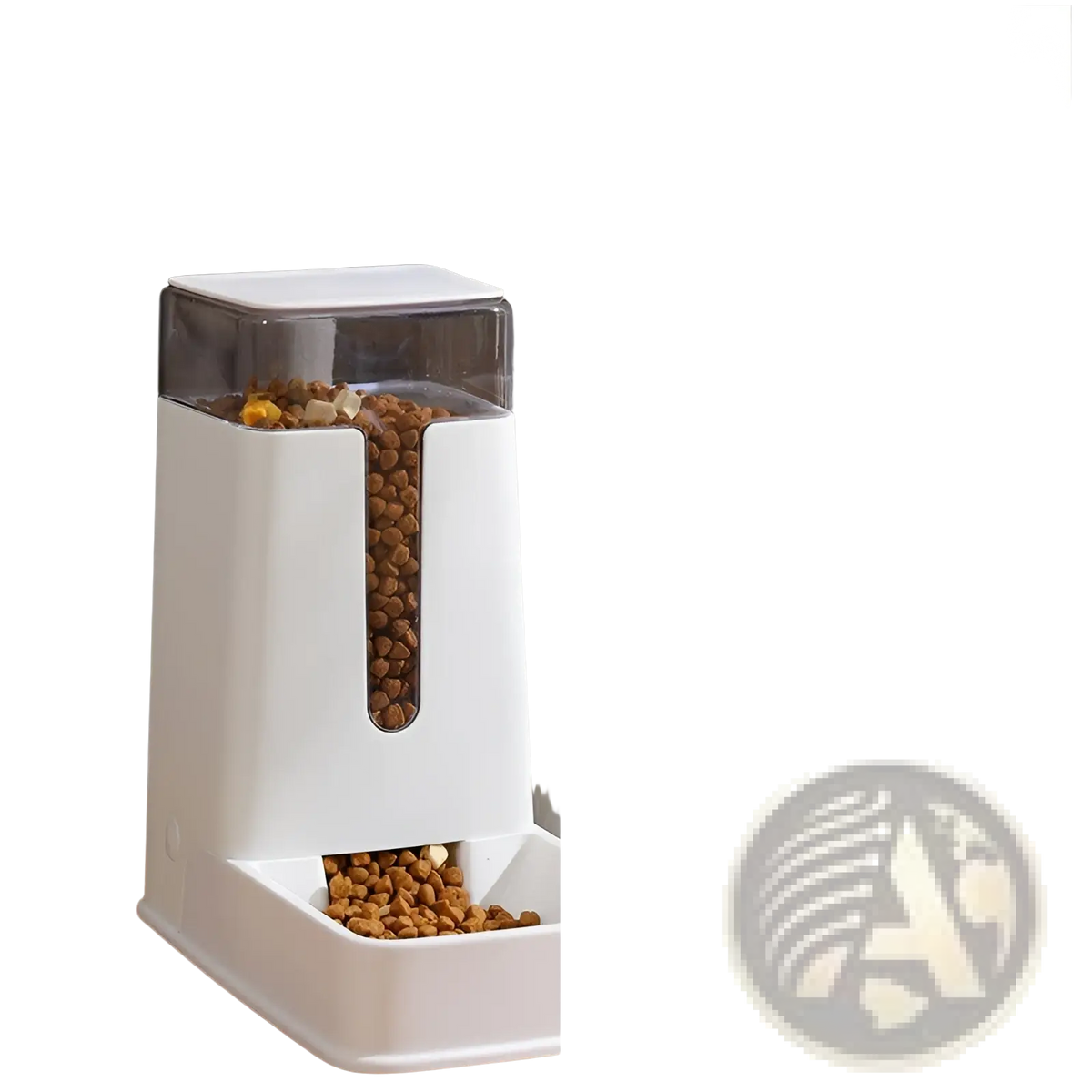 White plastic automatic pet feeder with transparent top and side window filled with brown kibble