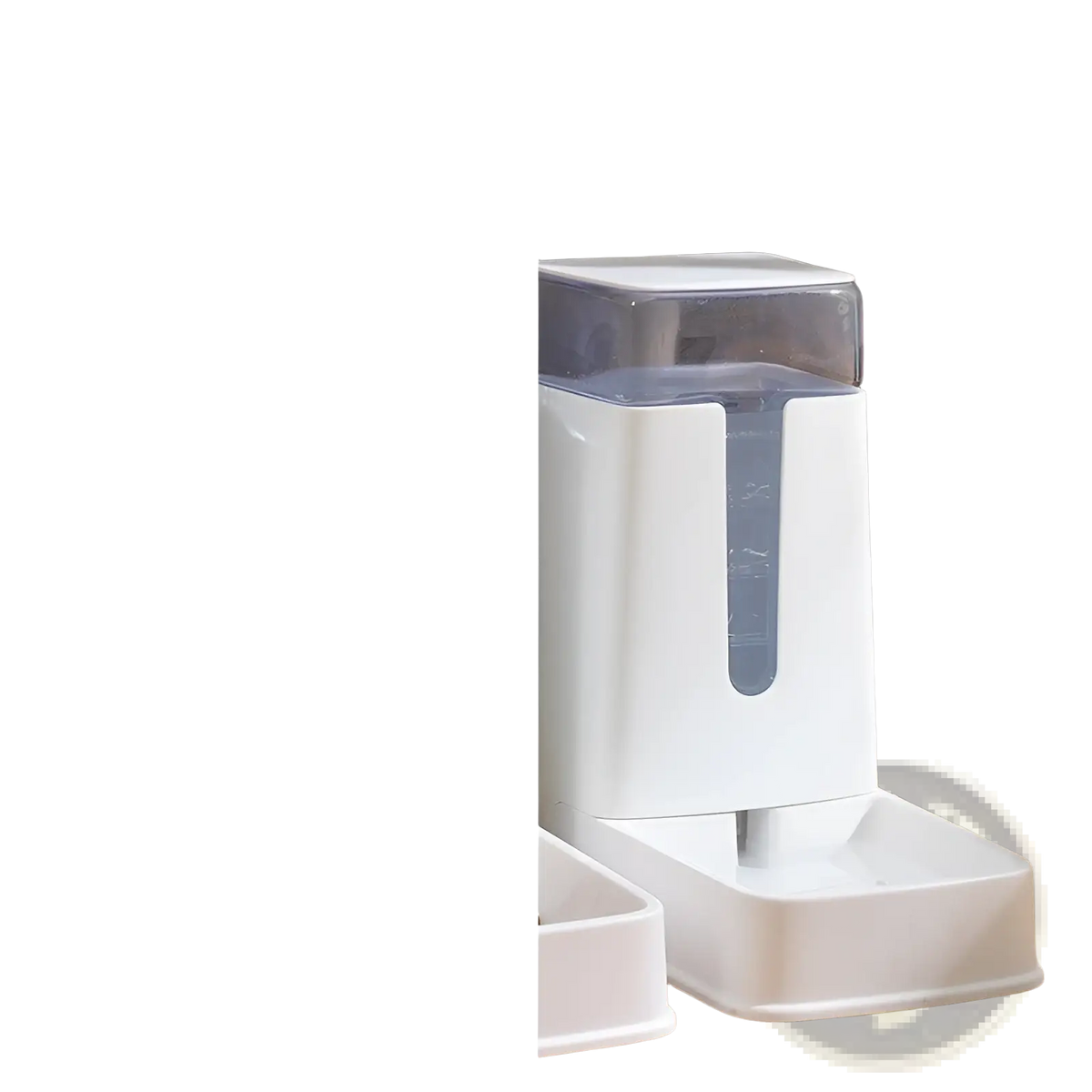White plastic automatic pet water dispenser with transparent reservoir and measurement markings for pet feeding