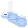 Automatic pet feeder and water fountain double bowl in light blue plastic with two clear glass bowls and transparent bottle