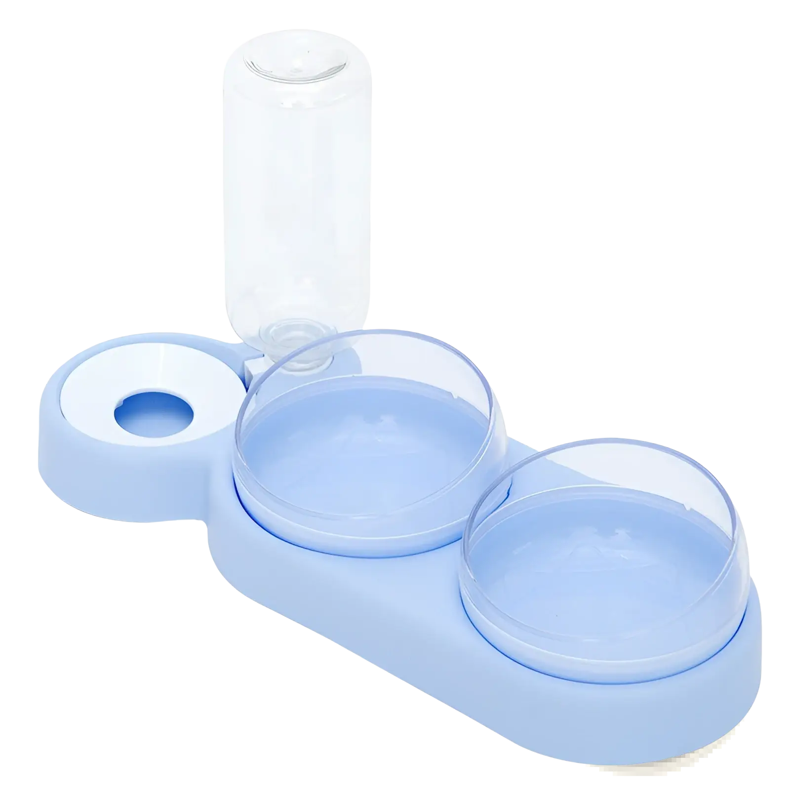 Automatic pet feeder and water fountain double bowl in light blue plastic with two clear glass bowls and transparent bottle
