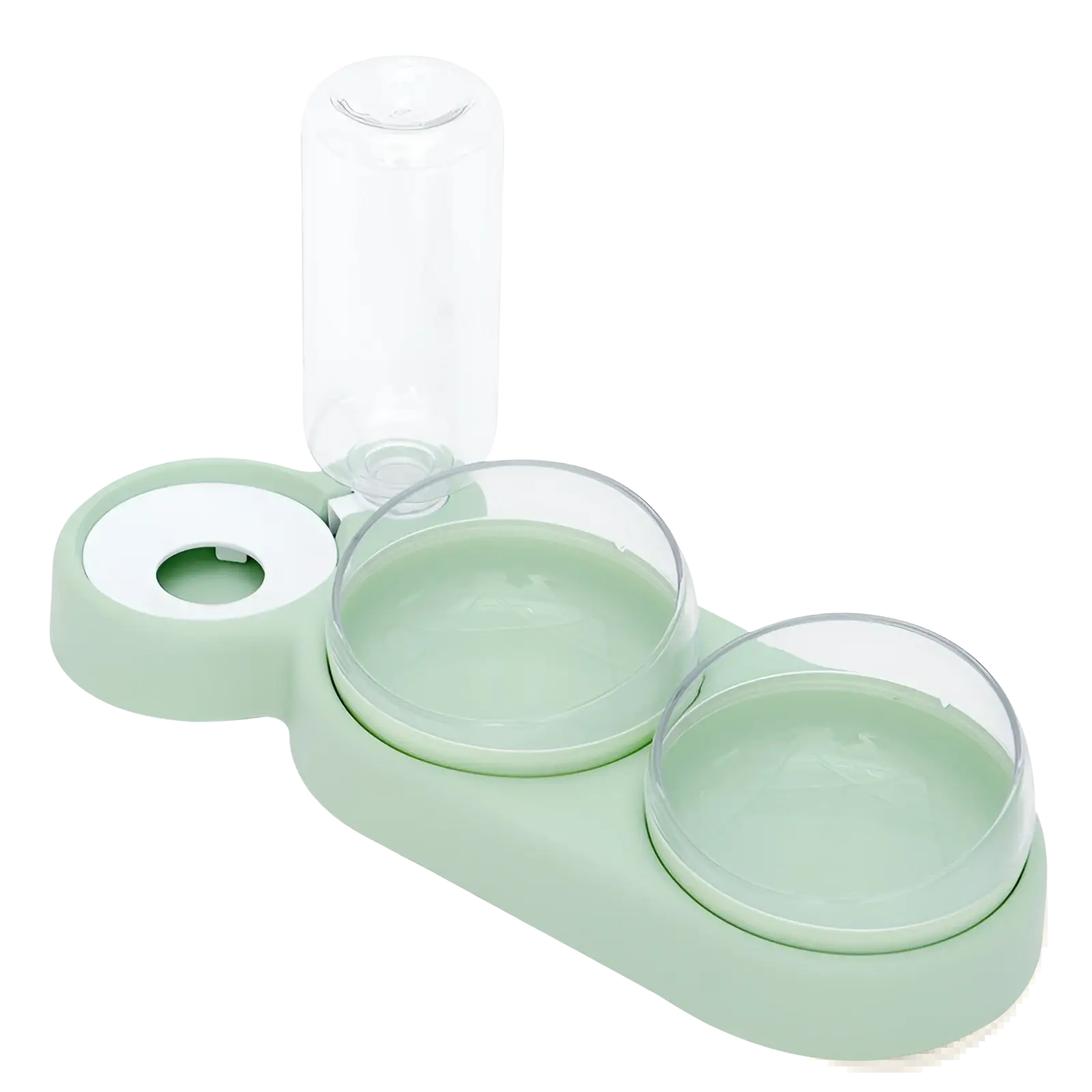 Mint green automatic pet feeder and water fountain with two clear glass bowls and a transparent water bottle