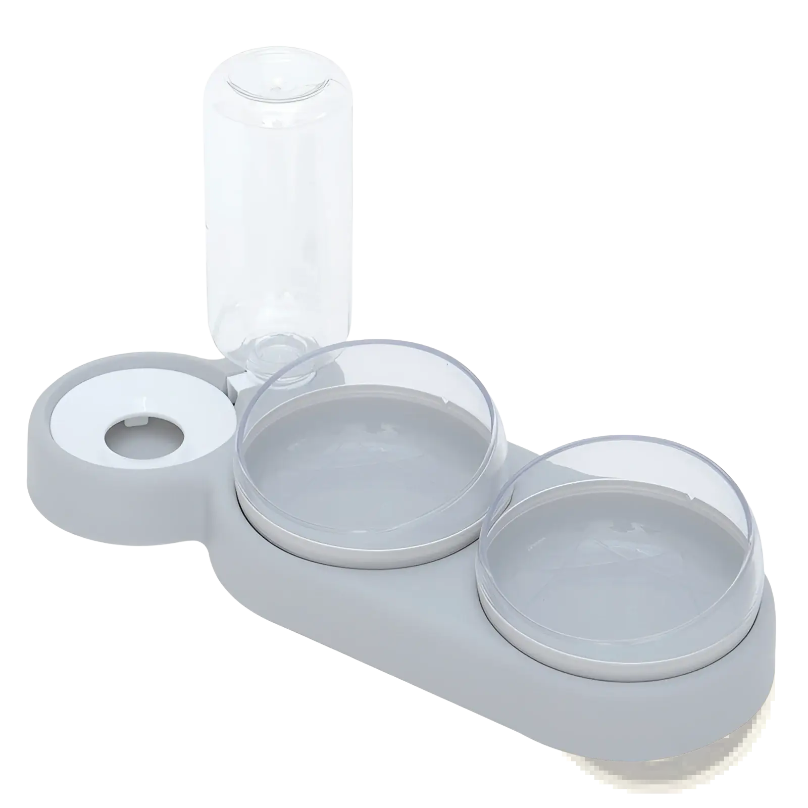 Gray plastic automatic pet feeder and water fountain with two clear acrylic bowls and transparent water bottle attachment