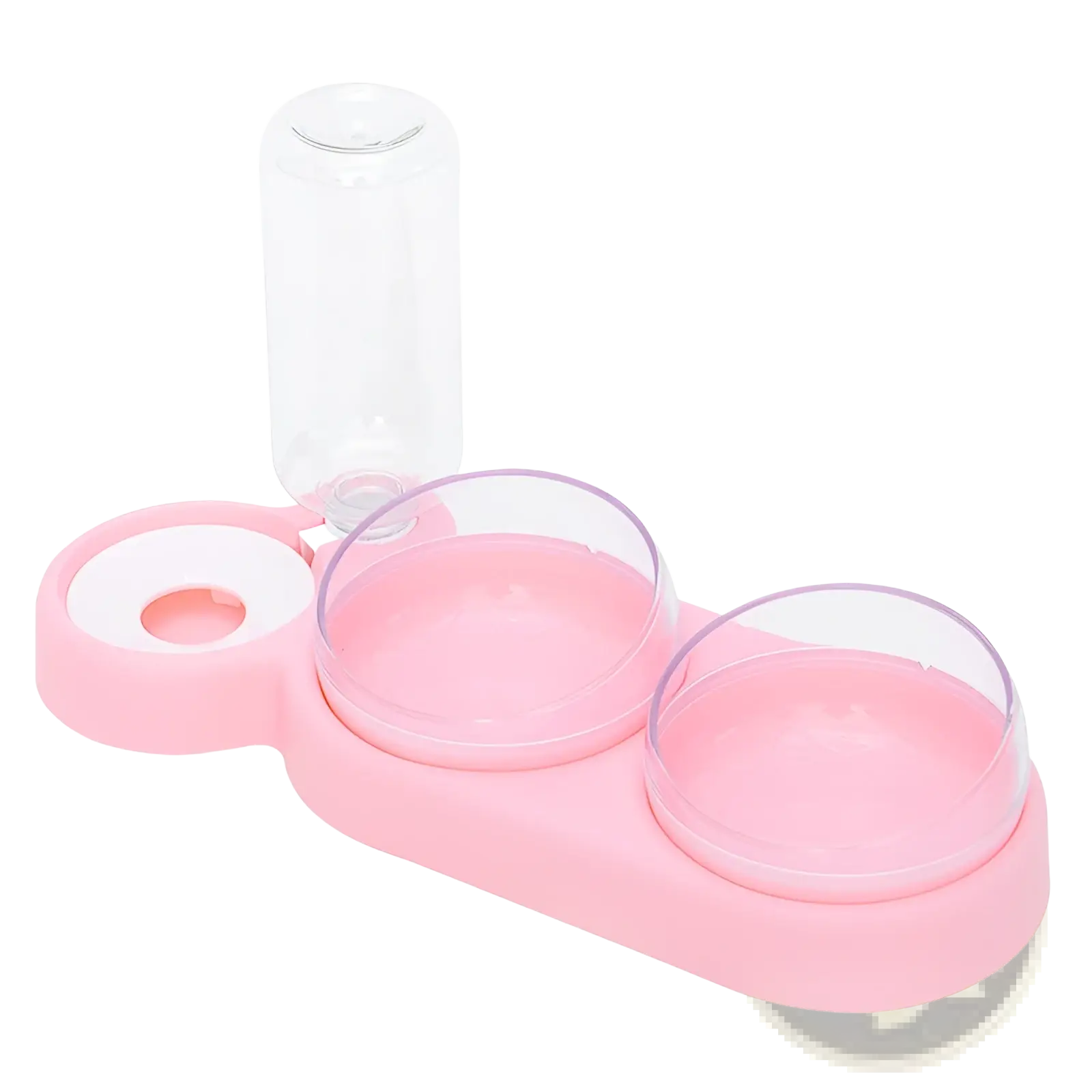 Pink plastic automatic pet feeder and water fountain with double clear glass bowls and a transparent water bottle