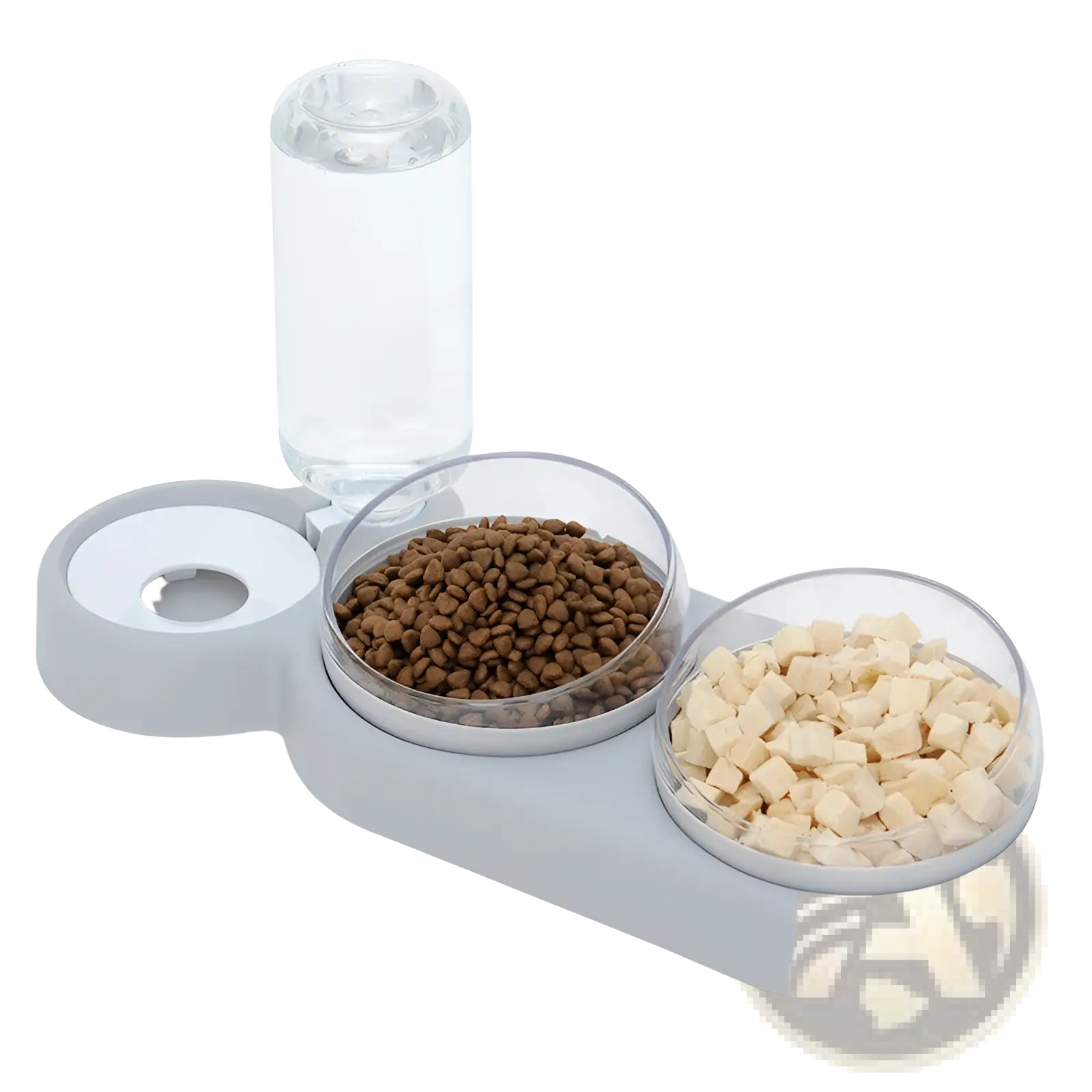 Gray automatic pet feeder and water fountain double bowl with two clear bowls holding kibble and diced treats and a water bottle