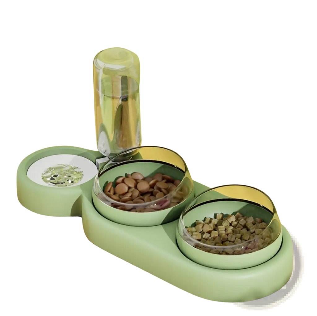 Mint green automatic pet feeder with two glass bowls and a water dispenser for convenient pet feeding