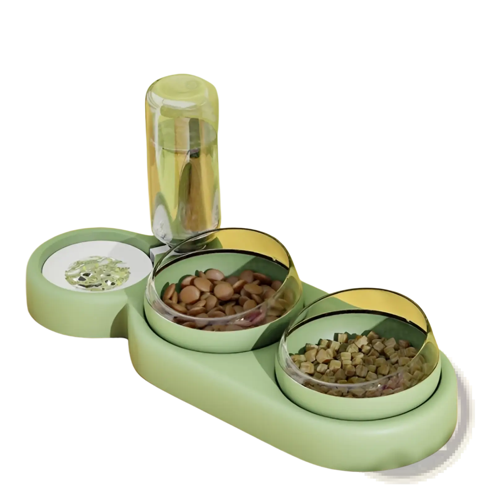 Mint green automatic pet feeder with two glass bowls and a water dispenser for convenient pet feeding