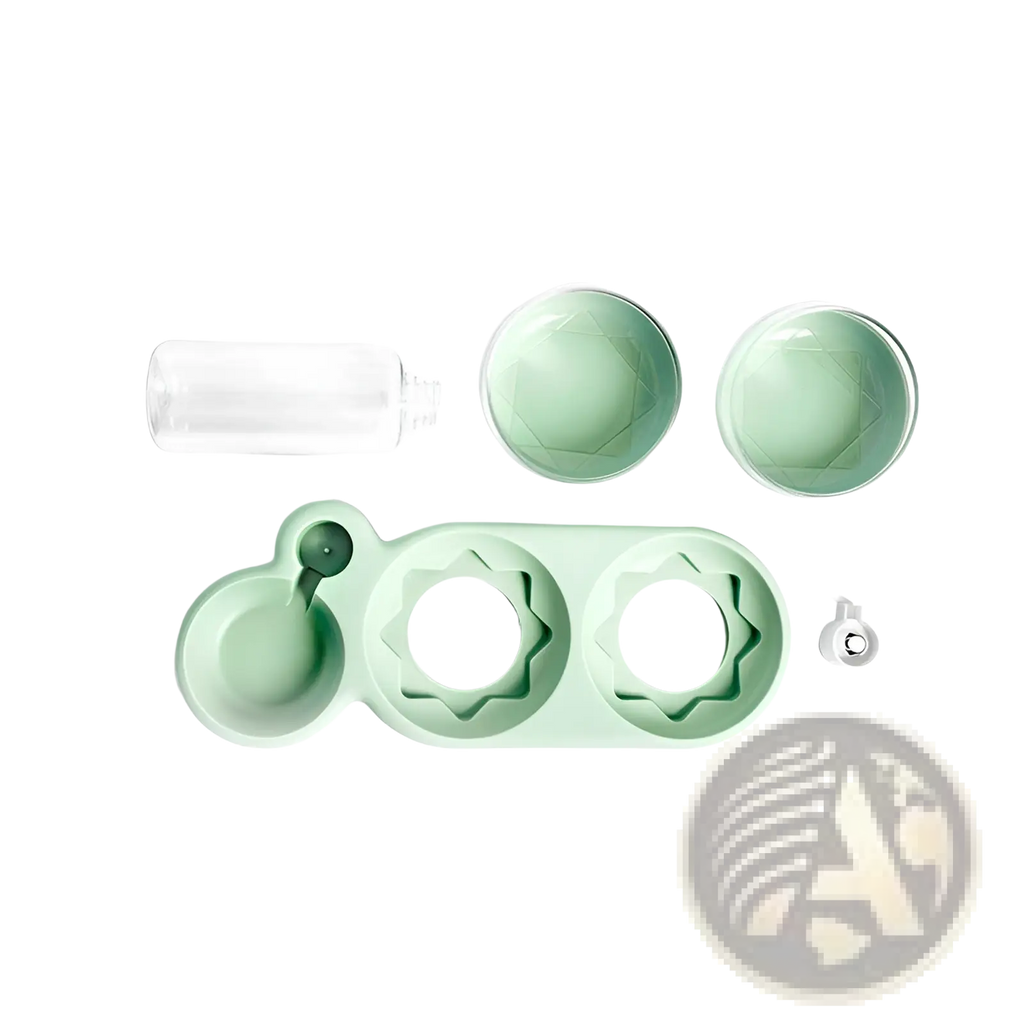 Mint green silicone automatic pet feeder and water fountain double bowl with three compartments and matching bowls
