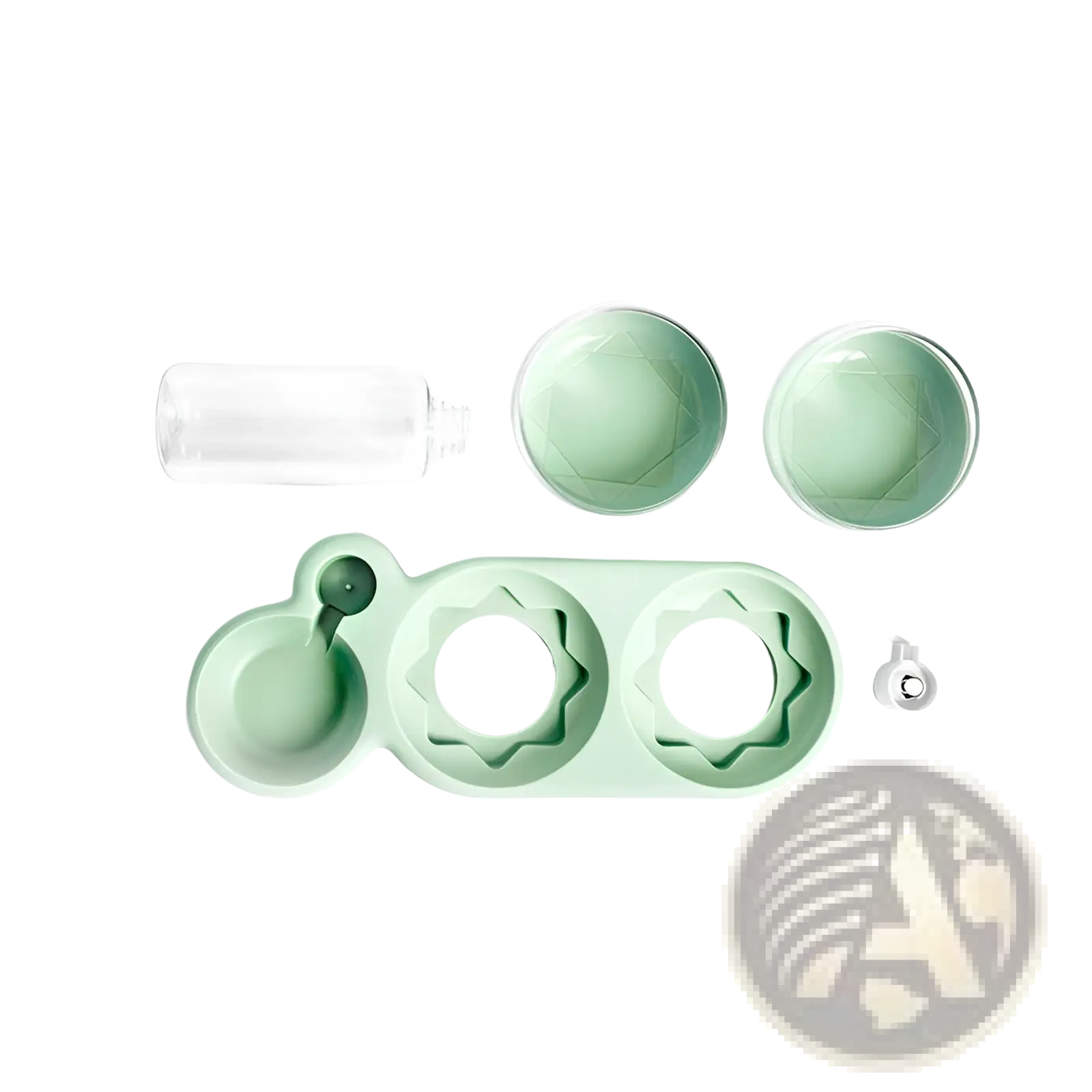 Mint green silicone automatic pet feeder and water fountain double bowl with three compartments and matching bowls