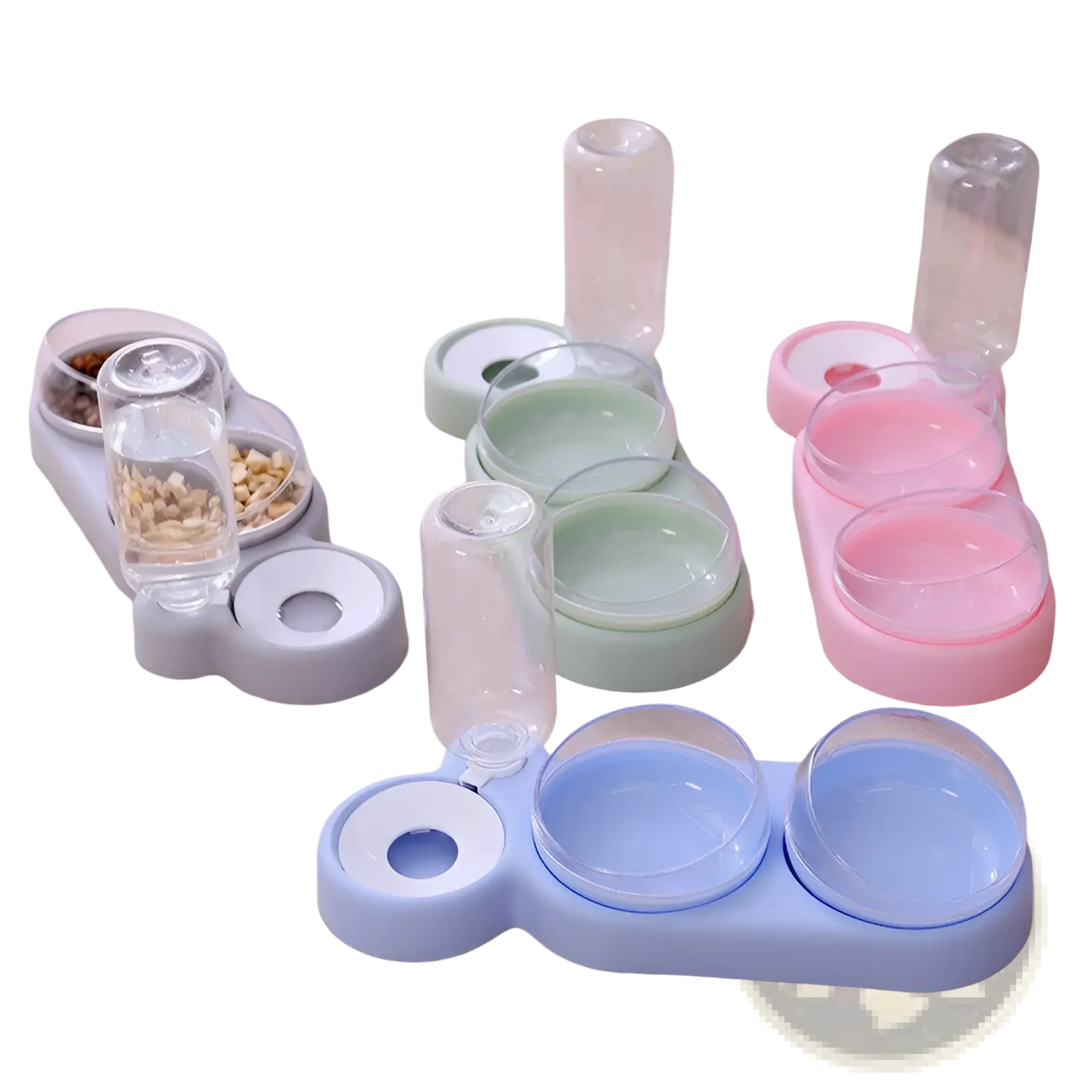 Pastel-colored automatic pet feeder and water fountain double bowl with clear glass bowls and water dispensers