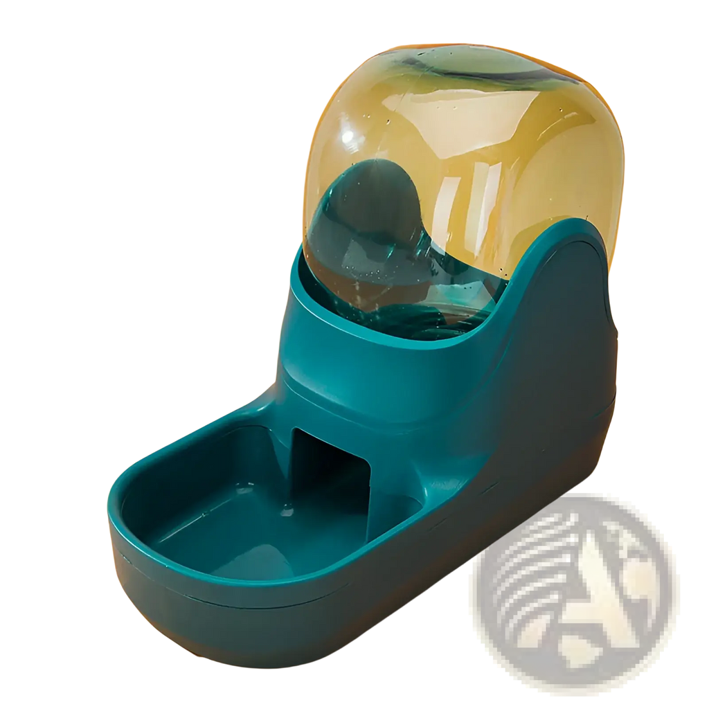 Automatic pet water dispenser and food feeder station in teal plastic with a transparent dome lid for pets