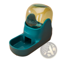 Automatic pet water dispenser and food feeder station in teal plastic with a transparent dome lid for pets